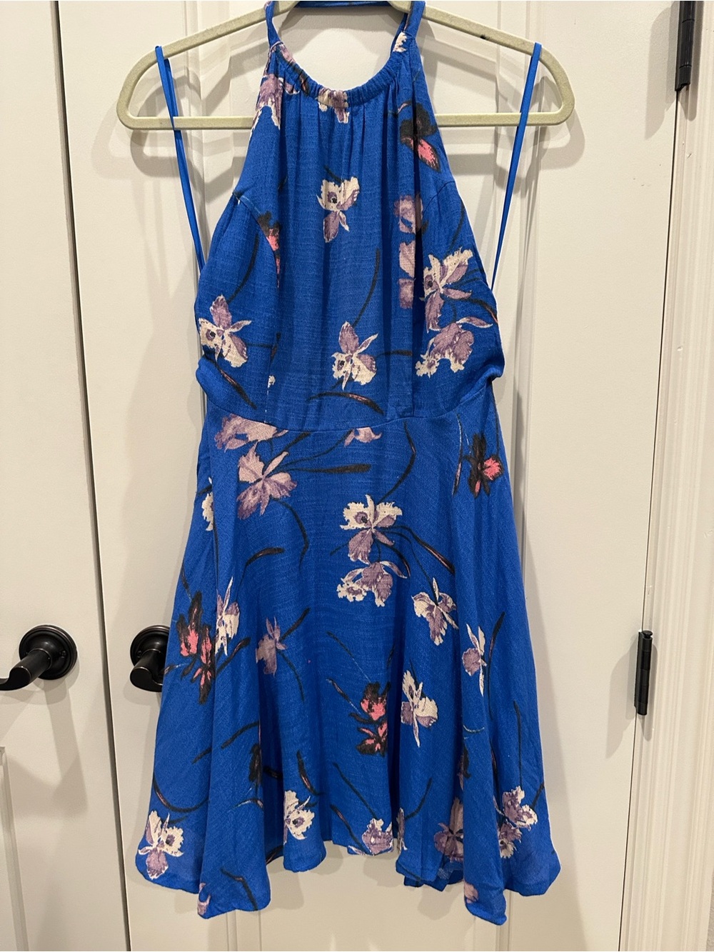 Free People Cobalt Blue Floral High-Neck Halter Mini Dress, size 8